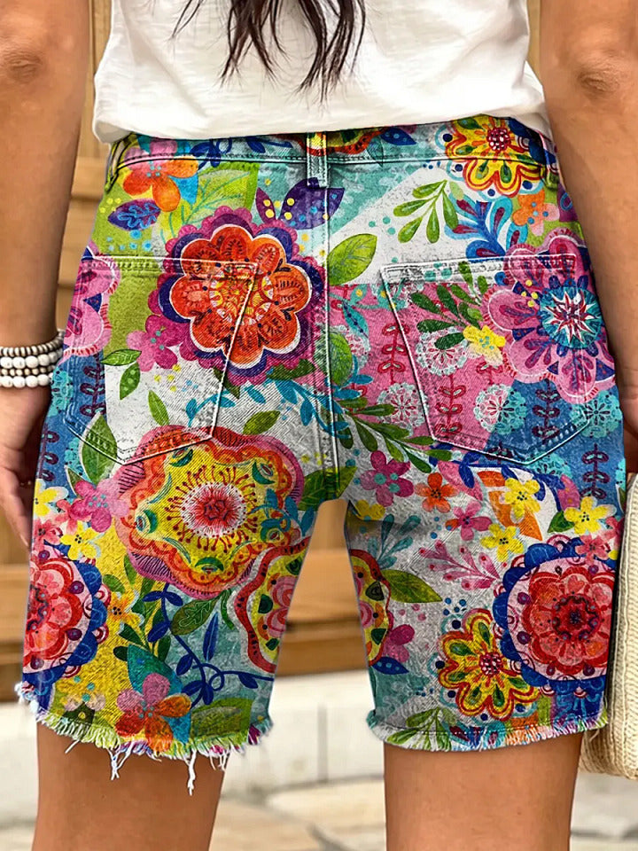 Ethnic Style Colorful Geometric Abstract Floral Art Print Casual Denim Shorts