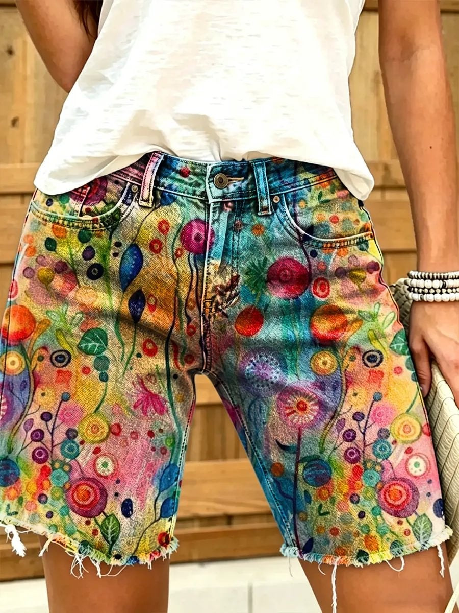 Ethnicity Colorful Watercolor Flowers Women's Art Print Casual Denim Shorts