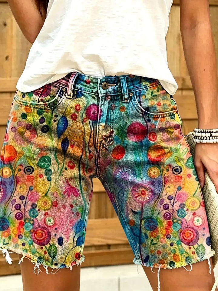 Ethnicity Colorful Watercolor Flowers Women's Art Print Casual Denim Shorts