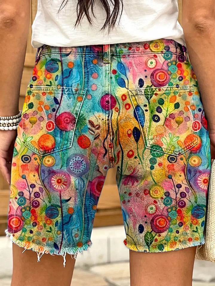 Ethnicity Colorful Watercolor Flowers Women's Art Print Casual Denim Shorts