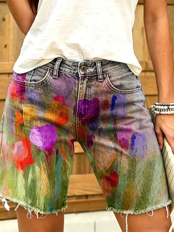 Women's Watercolor Tulip Floral Print Frayed Hem Denim Shorts
