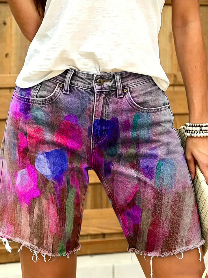 Women's Watercolor Tulip Floral Print Frayed Hem Denim Shorts
