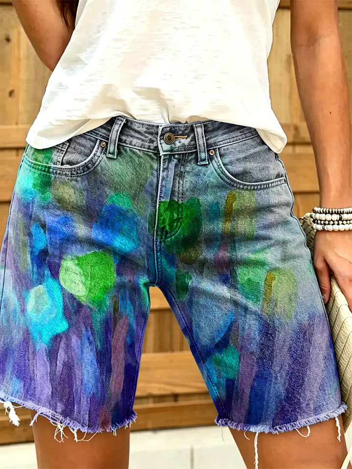 Women's Watercolor Tulip Floral Print Frayed Hem Denim Shorts