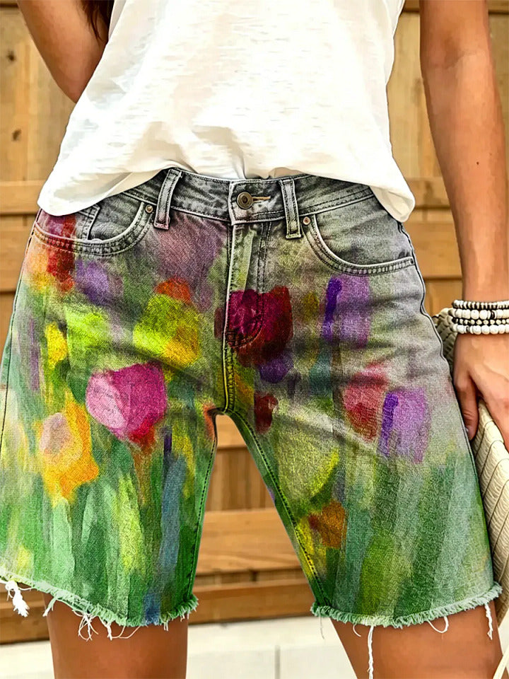 Women's Watercolor Tulip Floral Print Frayed Hem Denim Shorts