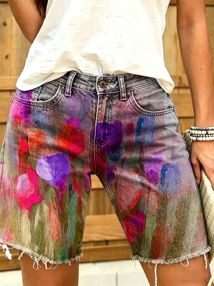 Women's Watercolor Tulip Floral Print Frayed Hem Denim Shorts