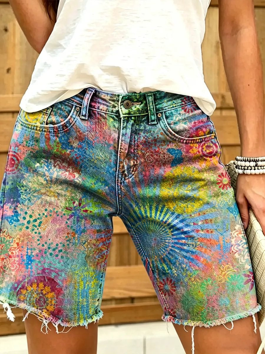 Ethnic-style geometric floral kaleidoscope women's art print casual denim shorts