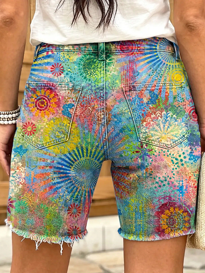 Ethnic-style geometric floral kaleidoscope women's art print casual denim shorts