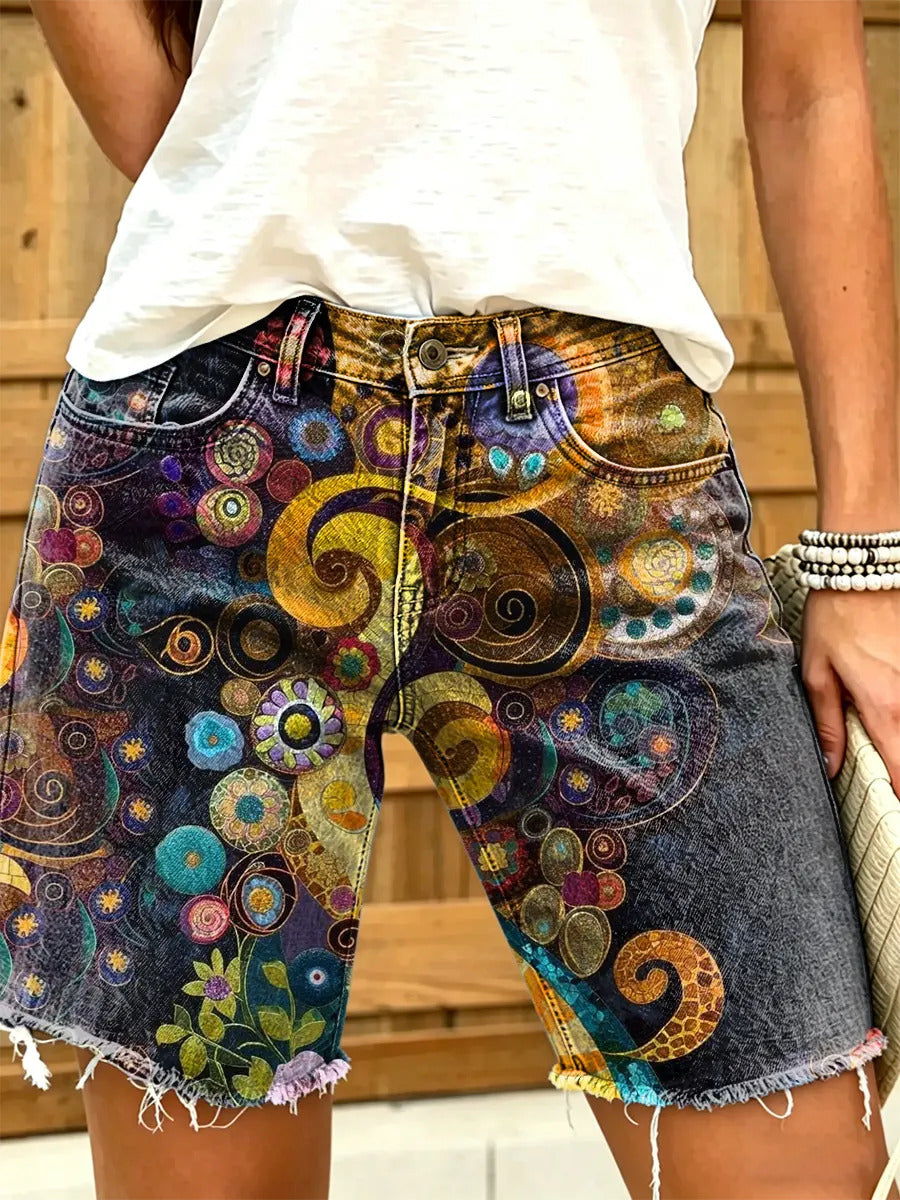 Women's Bohemian Geometric Art Print Mid-Length Denim Bermuda Shorts with Frayed Hem