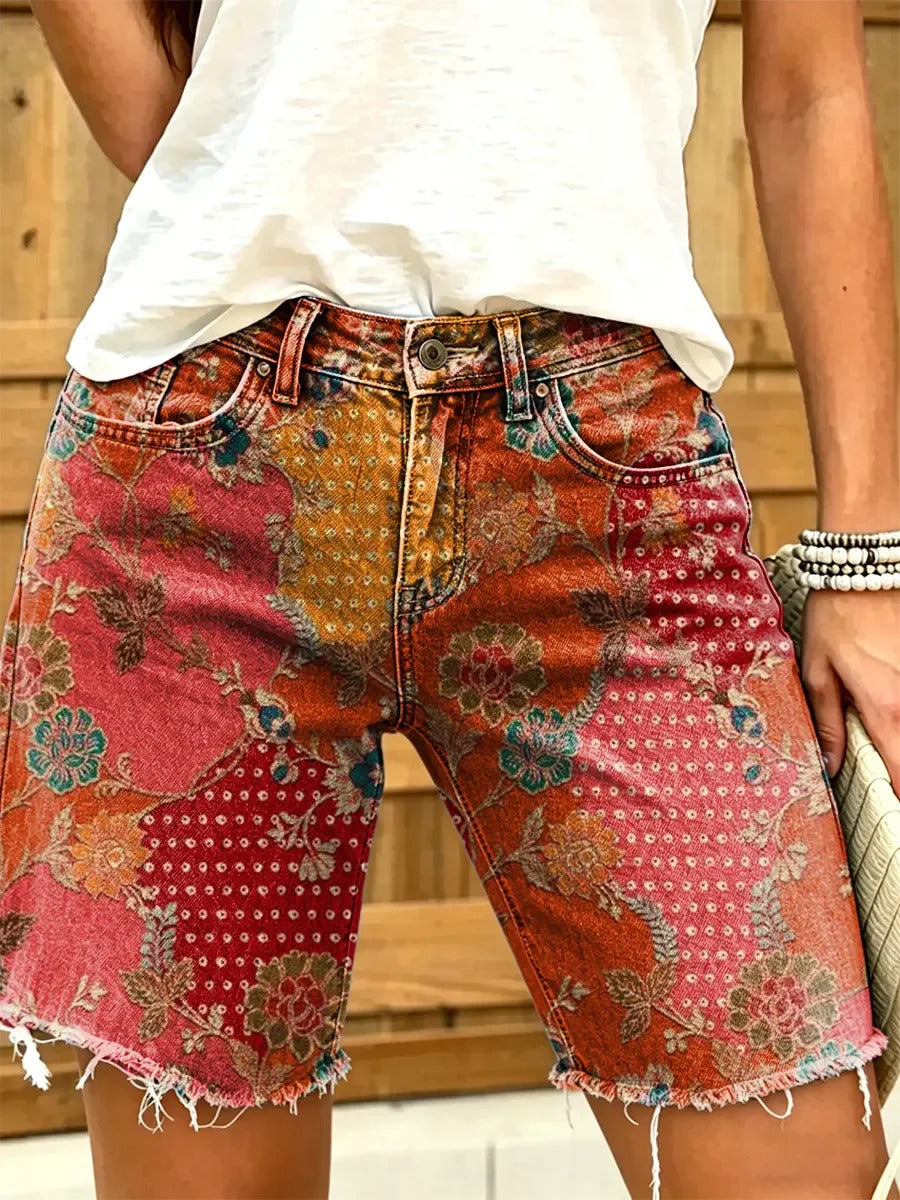 Women's Retro Ethnic Floral Art Print Casual Washed Cotton Denim Shorts