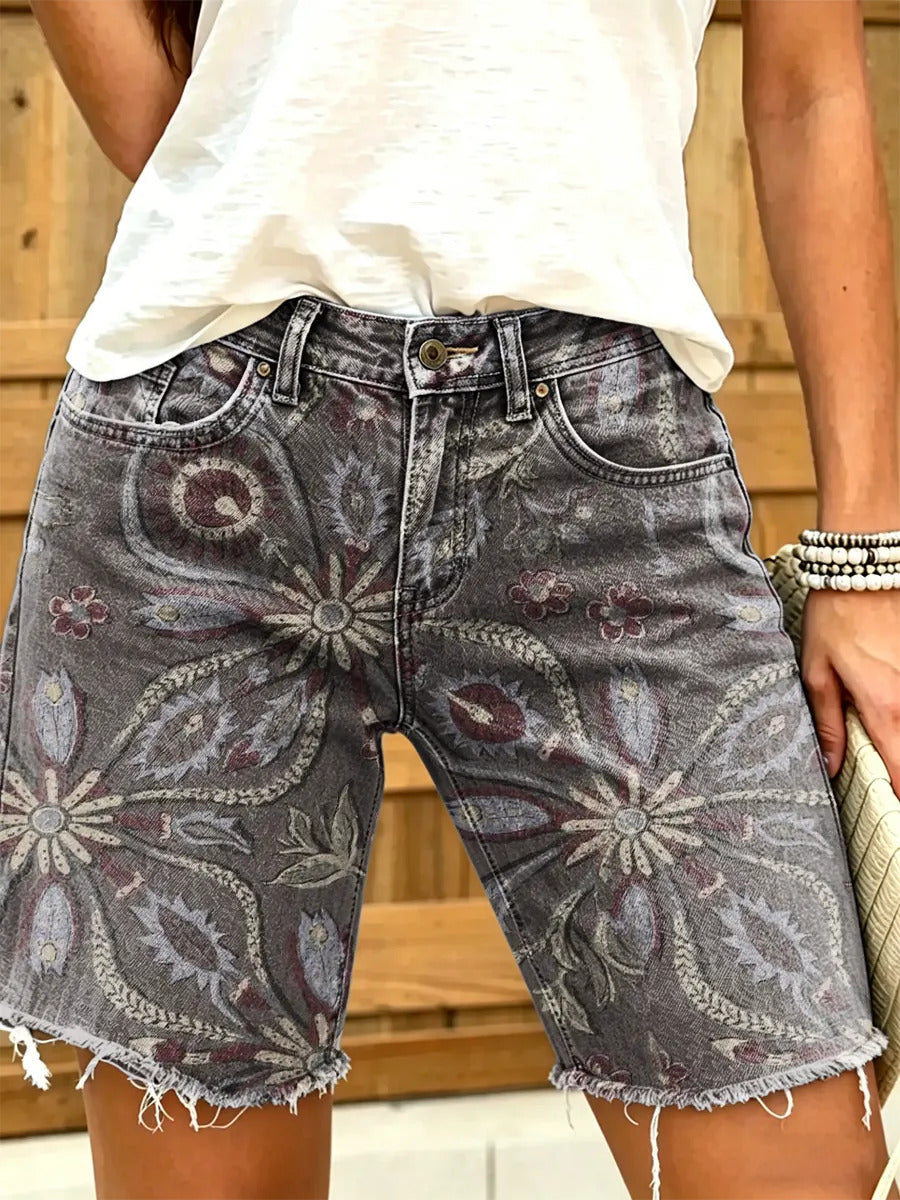 Women's Bohemian Floral Paisley Print Mid-Length Frayed Denim Bermuda Shorts