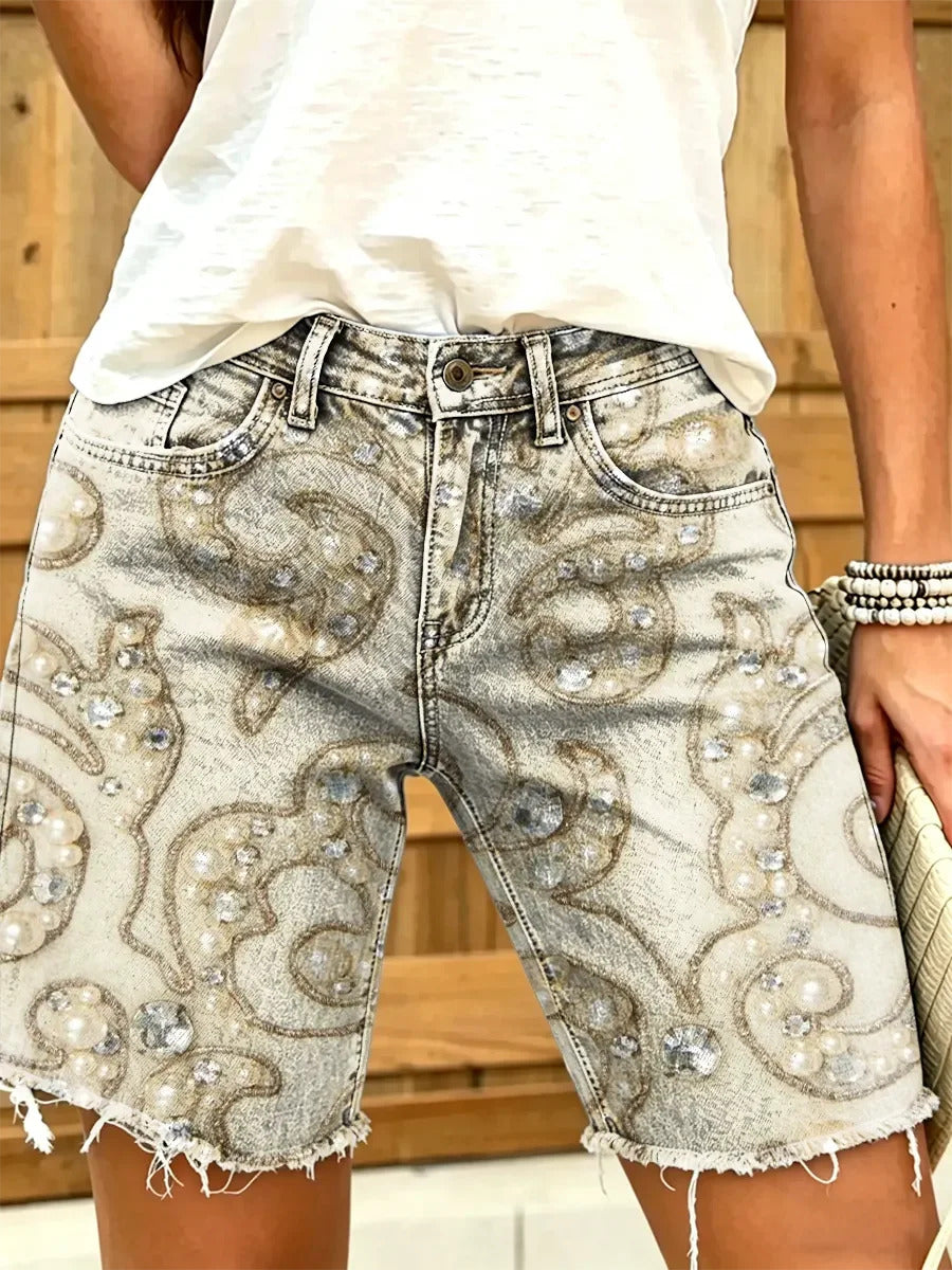 Women's Paisley Print Mid-Length Frayed Hem Denim Bermuda Shorts