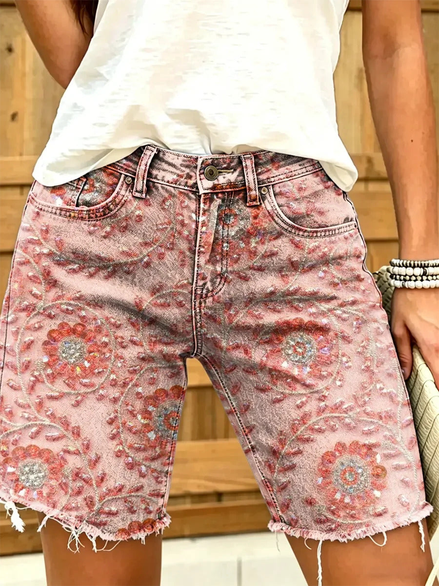 Women's Sparkling Floral Print Mid-Length Frayed Denim Bermuda Shorts