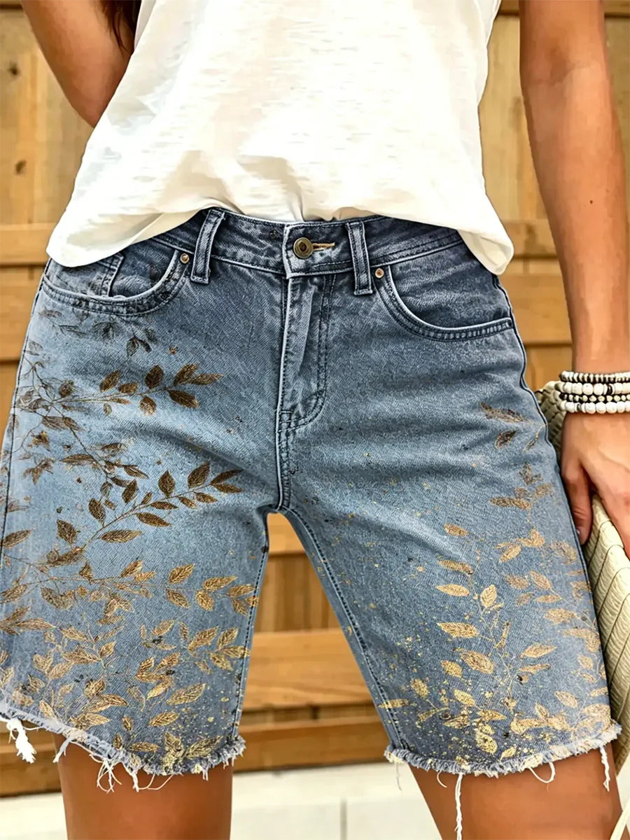 Women's Gold Leaf Print Mid-Length Frayed Denim Bermuda Shorts