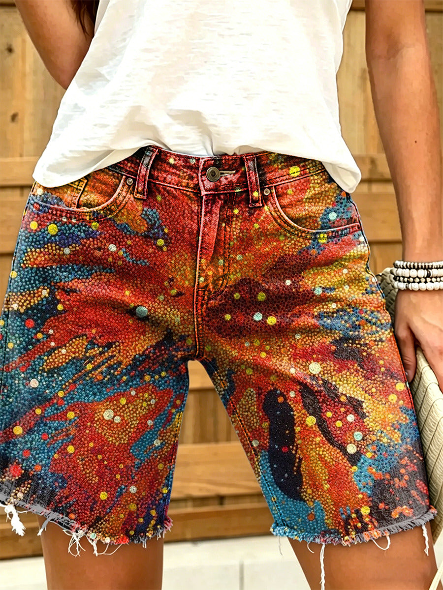 Women's Retro Color Block Art Print Casual Washed Cotton Denim Shorts