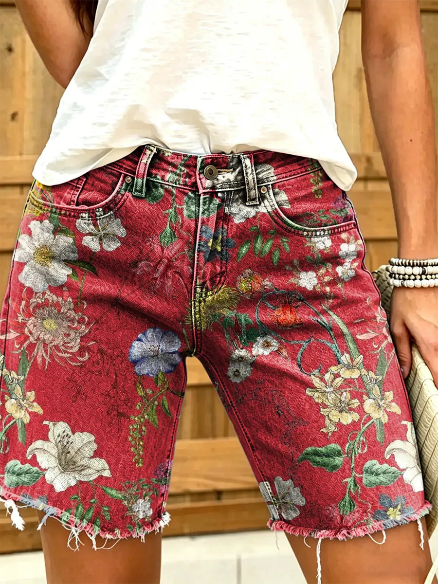 Retro ethnic floral pattern women's art print casual denim shorts