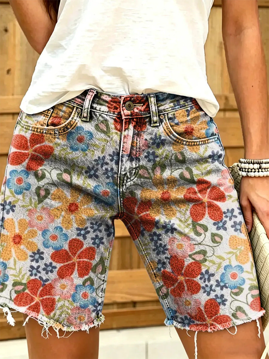 Ethnicity Bohemia Flowers Women's Art Print Casual Denim Shorts
