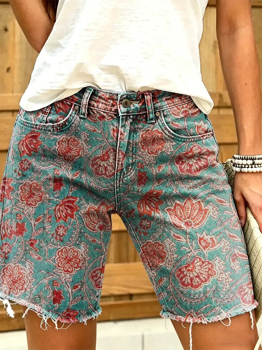 Women's Retro Oil Painting Floral Print Casual Washed Cotton Shorts