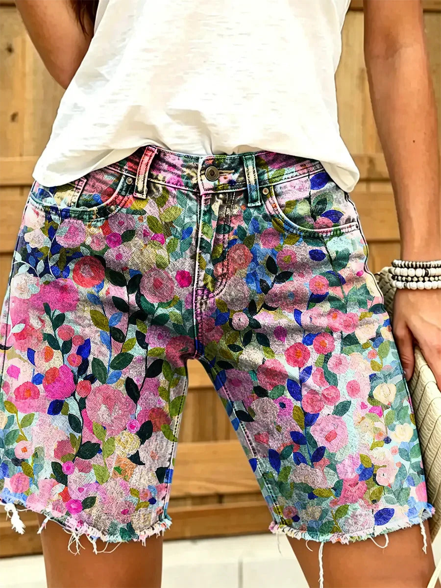 Ethnic Bohemian Floral Pattern Women's Art Print Casual Denim Shorts