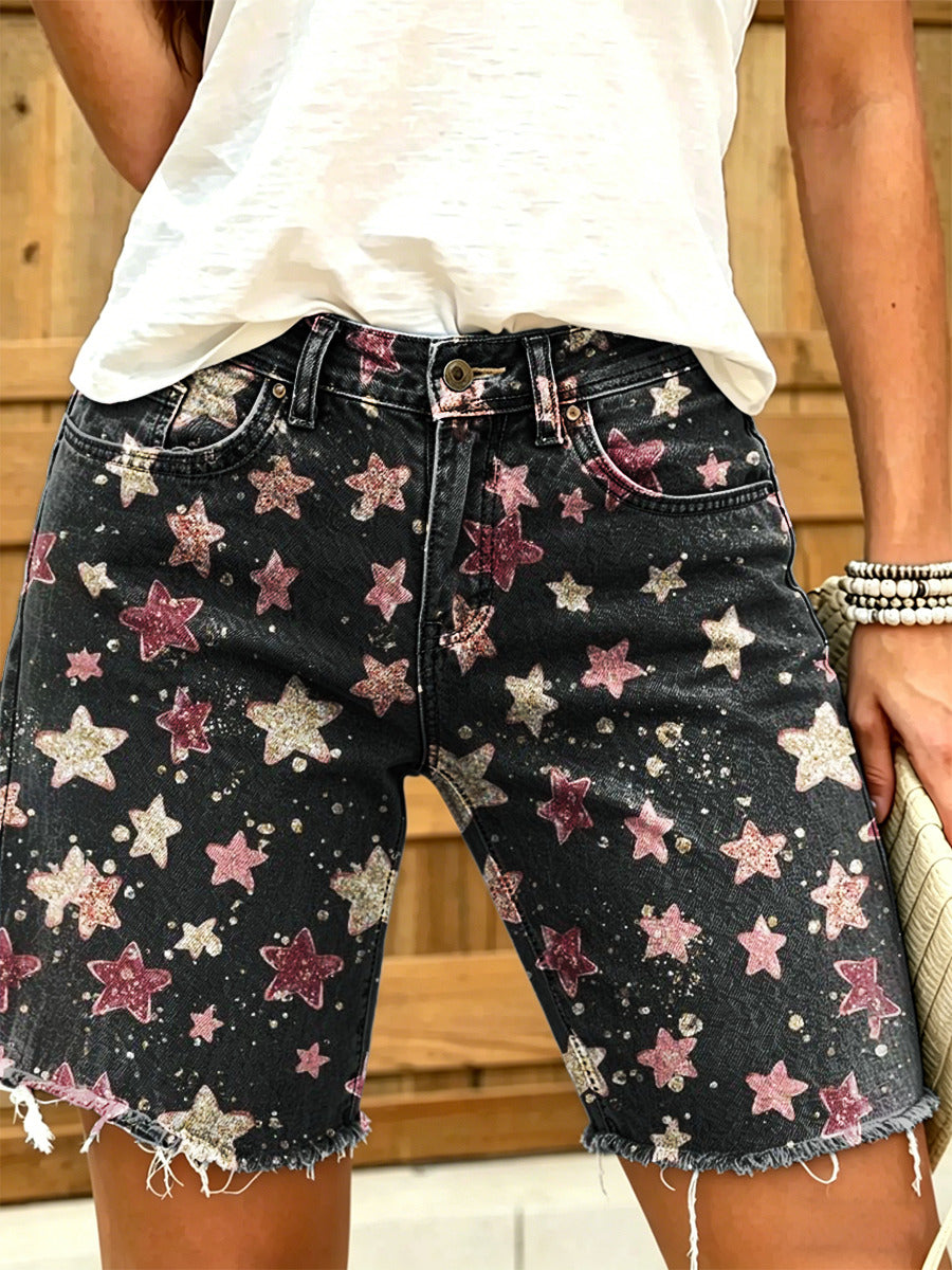 Women's Retro Starry Sky Art Print Casual Washed Cotton Shorts