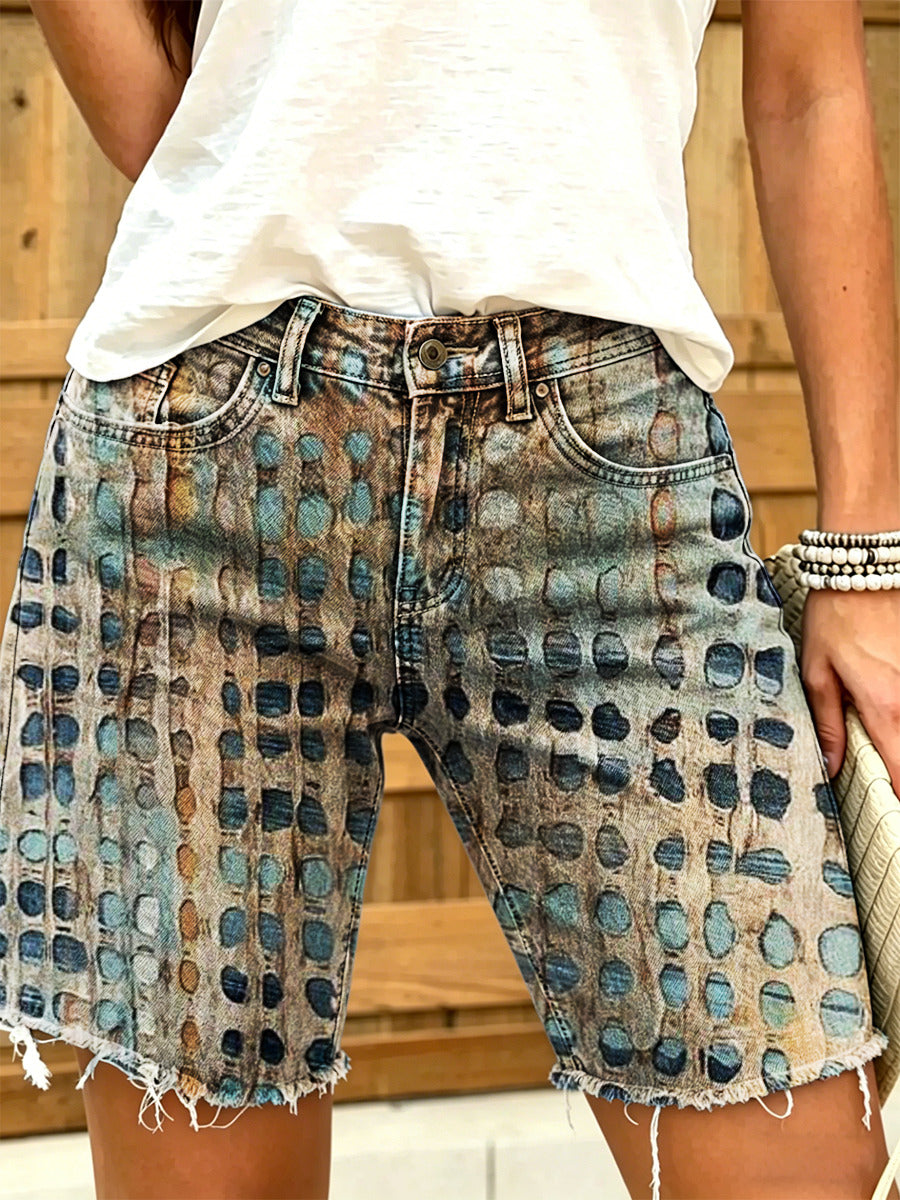 Women's Retro Ethnic Art Print Casual Washed Cotton Shorts