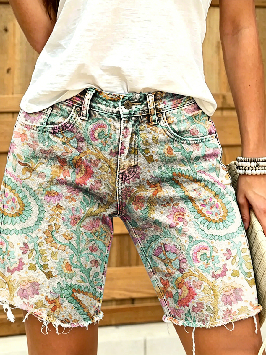 Women's Retro Bohemian Paisley Art Print Casual Washed Cotton Shorts