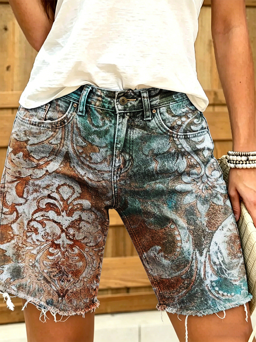 Women's Retro Bohemian Ethnic Style Art Print Casual Washed Cotton Shorts