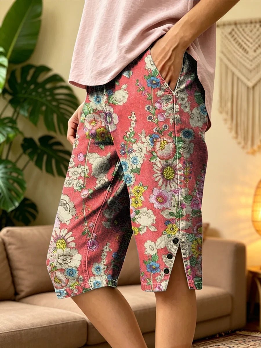 Women's Retro Ethnic Floral Art Print Casual Washed Cotton Shorts