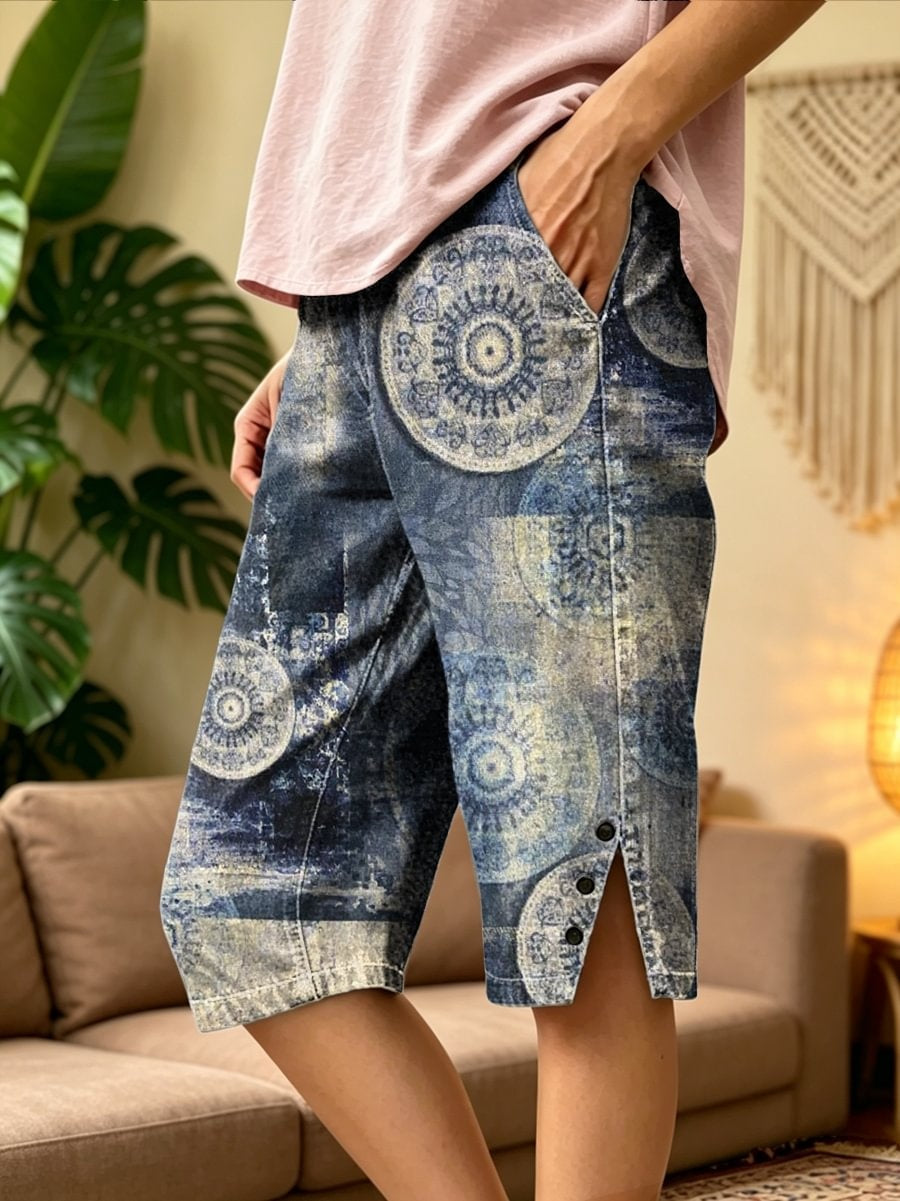 Women's Retro Ethnic Art Print Casual Washed Cotton Shorts