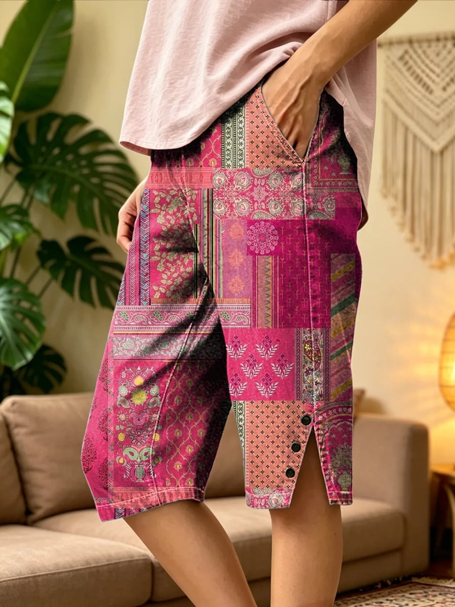Women's Retro Bohemian Plaid Art Print Casual Washed Cotton Shorts