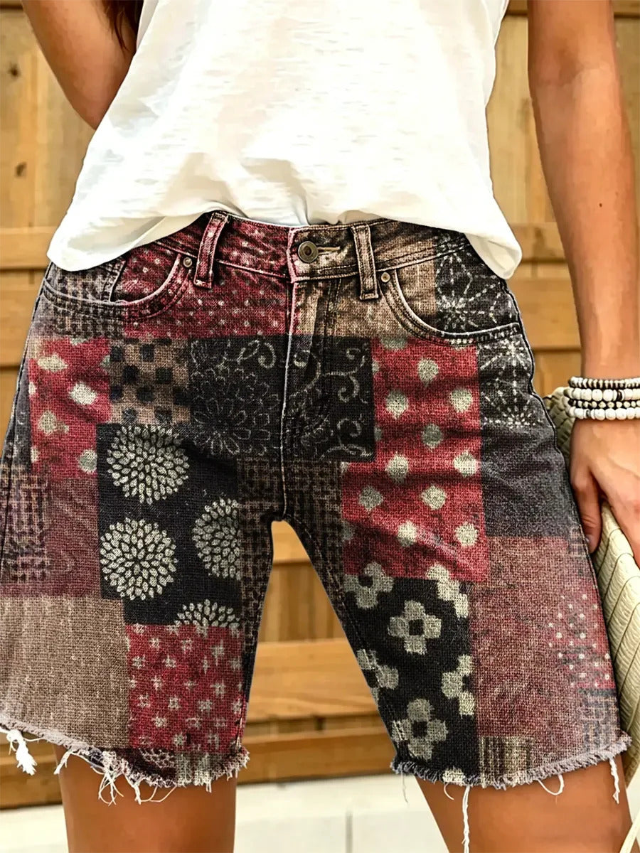 Women's Vintage Floral Print Denim Shorts