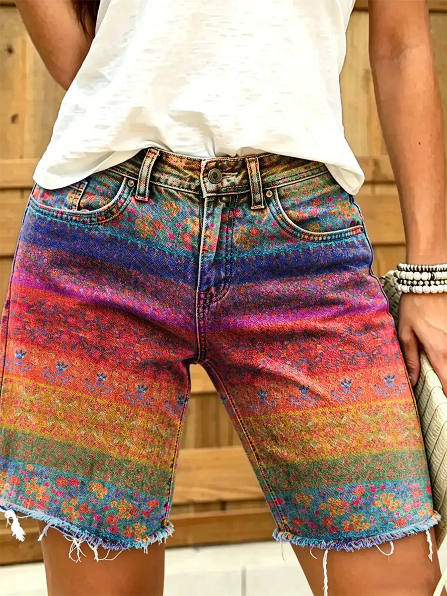 Ethnic Style Colorful Striped Floral Pattern Women's Art Print Casual Denim Shorts