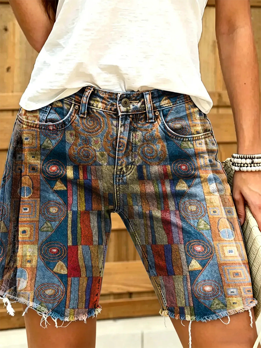 Women's Vintage Ethnic-print Artistic-print Denim Shorts