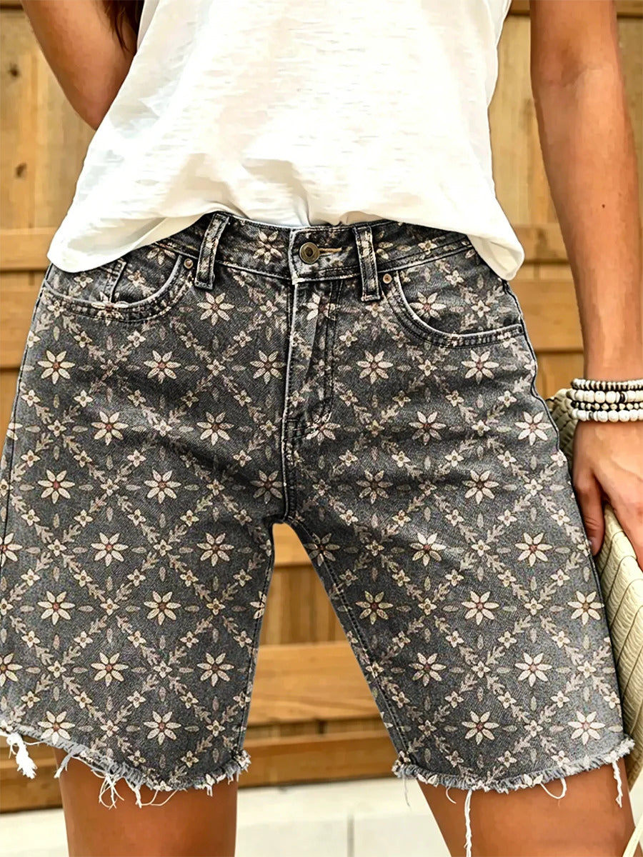 Women's Retro Floral Art Print Casual Washed Cotton Shorts