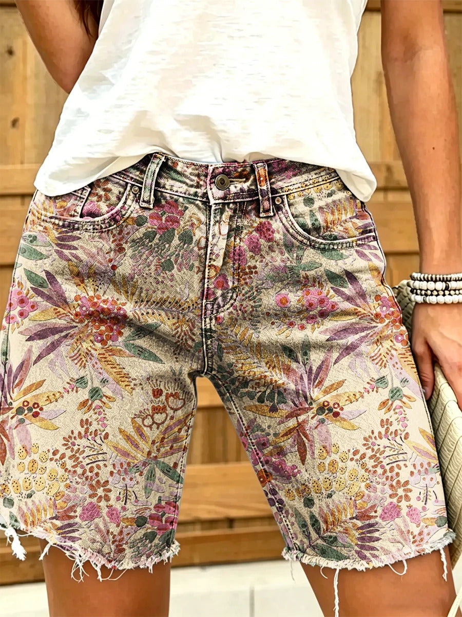 Women's Retro Ethnic Floral Art Print Casual Washed Cotton Shorts
