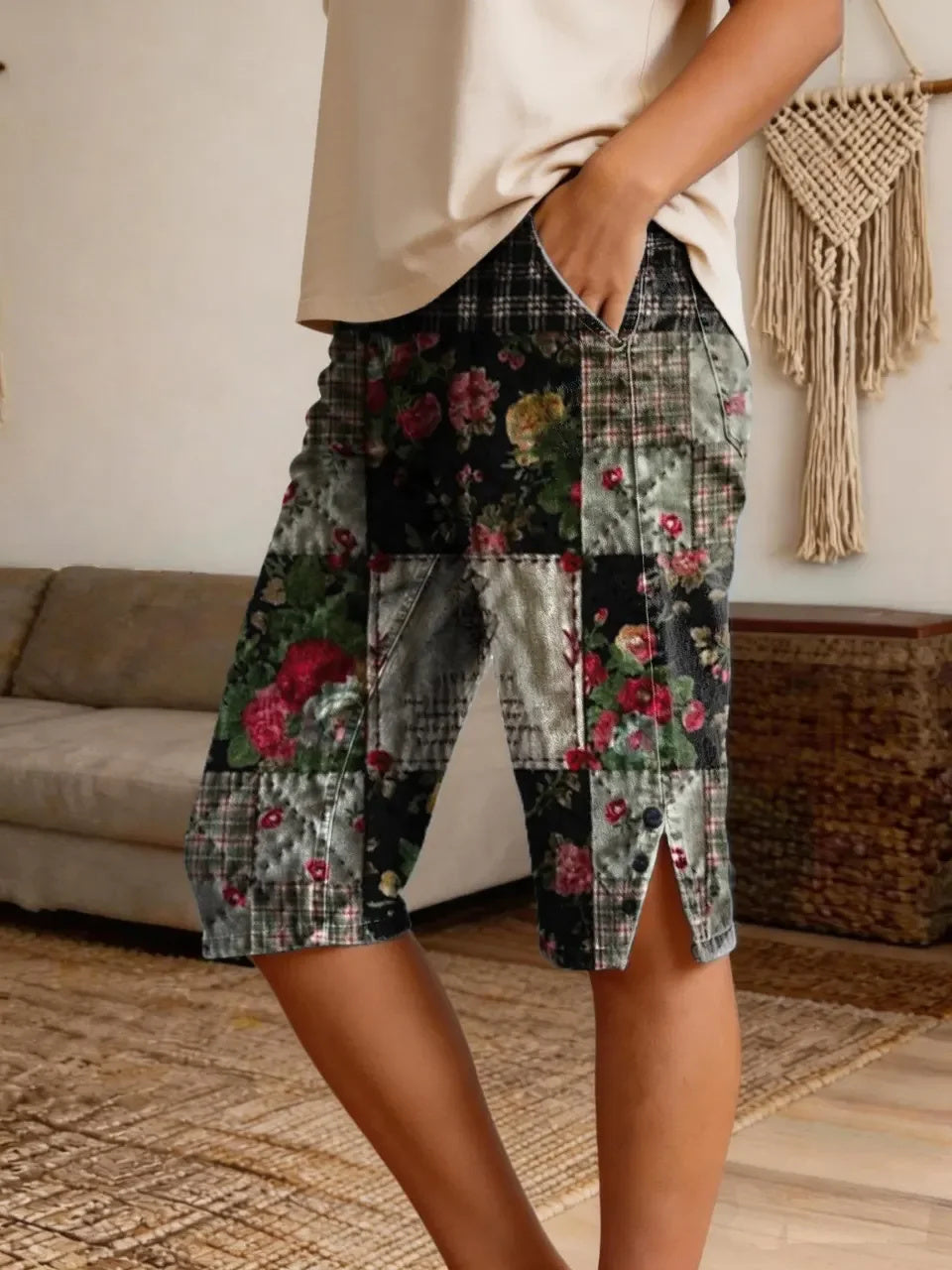 Women's Retro Patchwork Art Print Casual Denim Shorts