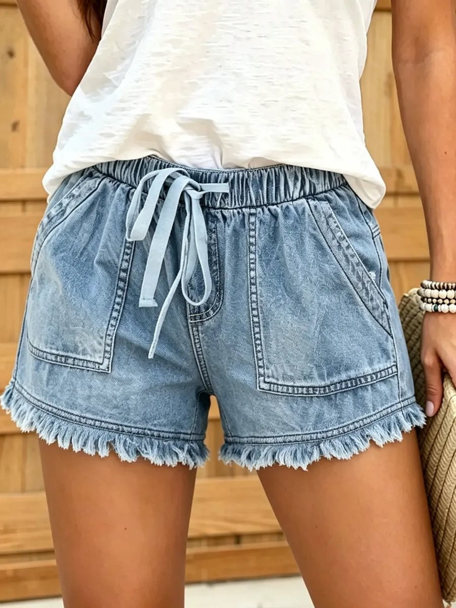 Women's Elastic Drawstring Waistband Frayed Denim Shorts
