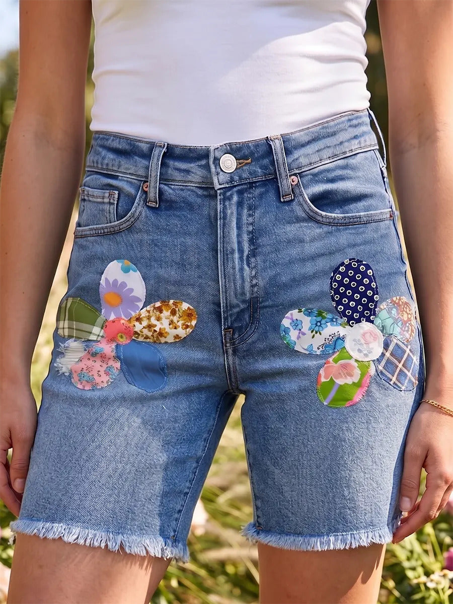 Women's Art Patchwork Flowers Print Cotton Denim Casual Short Pants