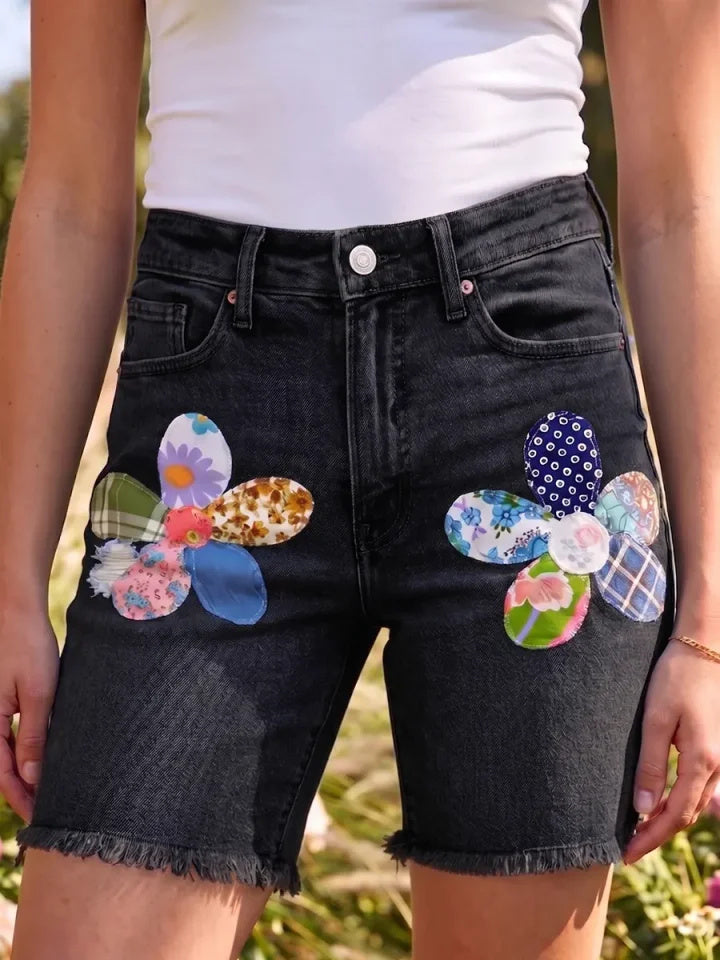 Women's Art Patchwork Flowers Print Cotton Denim Casual Short Pants