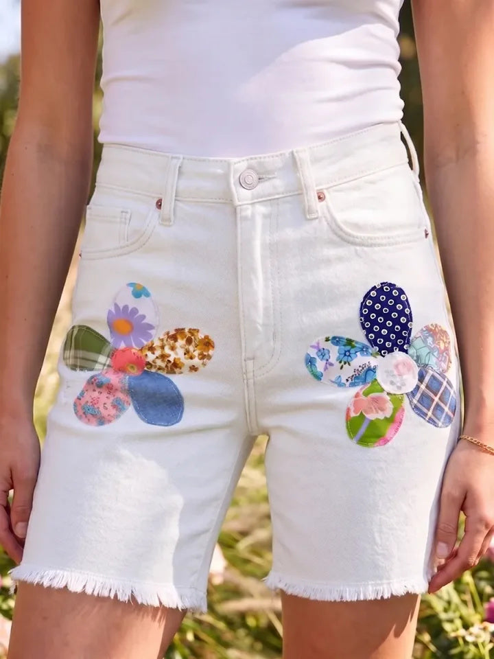 Women's Art Patchwork Flowers Print Cotton Denim Casual Short Pants