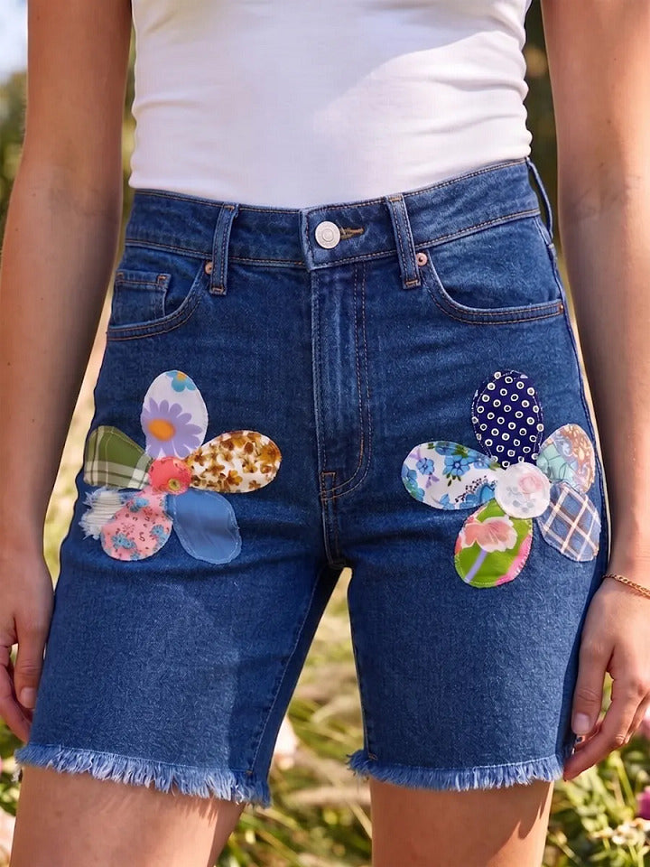 Women's Art Patchwork Flowers Print Cotton Denim Casual Short Pants