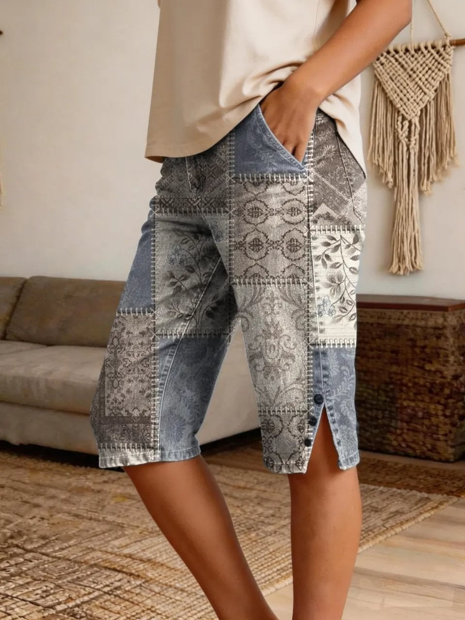 Women's Retro Bohemian Patchwork Art Print Casual Denim Shorts