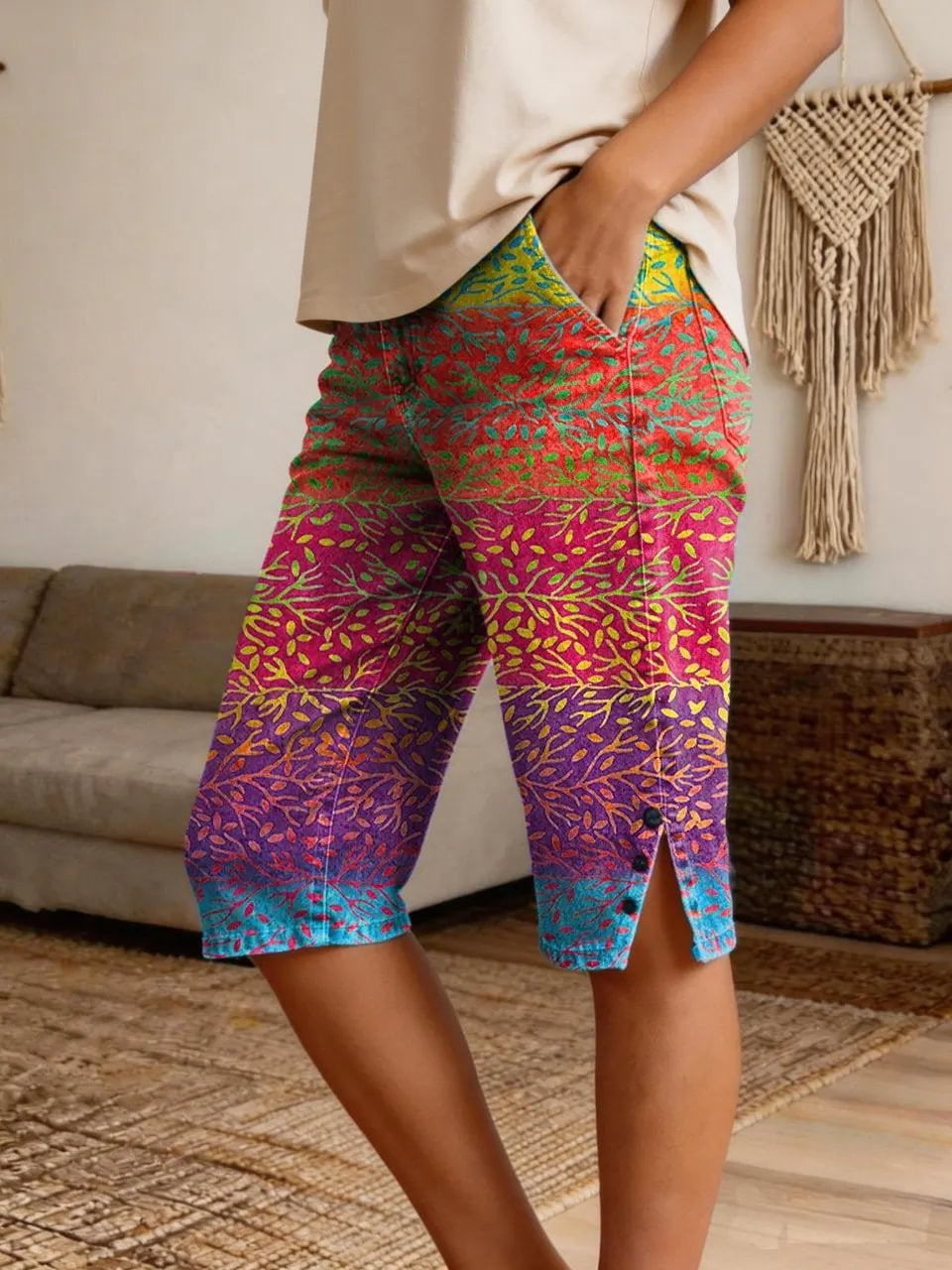Women's Retro Colorful Art Print Casual Denim Shorts