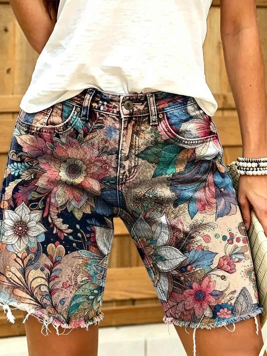 Retro ethnic floral pattern women's art print casual denim shorts