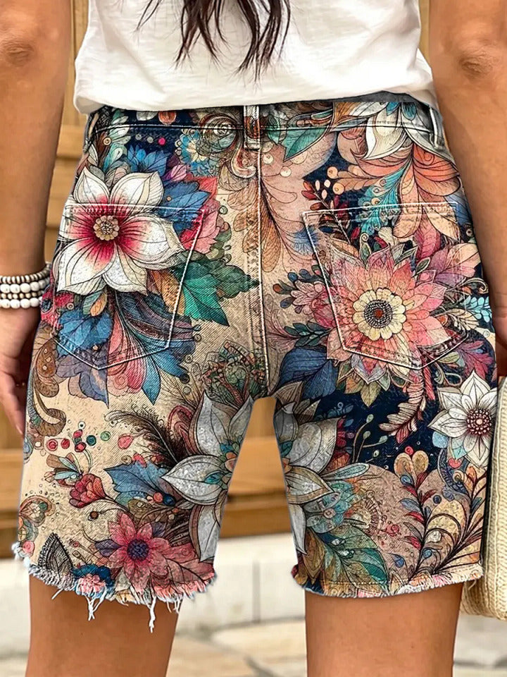Retro ethnic floral pattern women's art print casual denim shorts