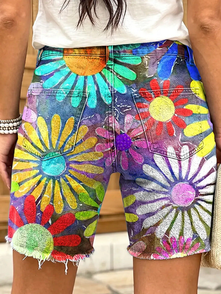 Retro Doodle Colorful Flowers Women's Art Print Casual Denim Shorts