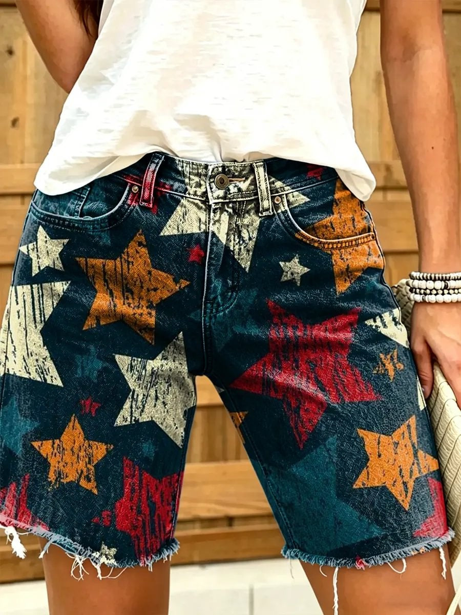Vintage distressed starry sky pattern women's art print casual denim shorts