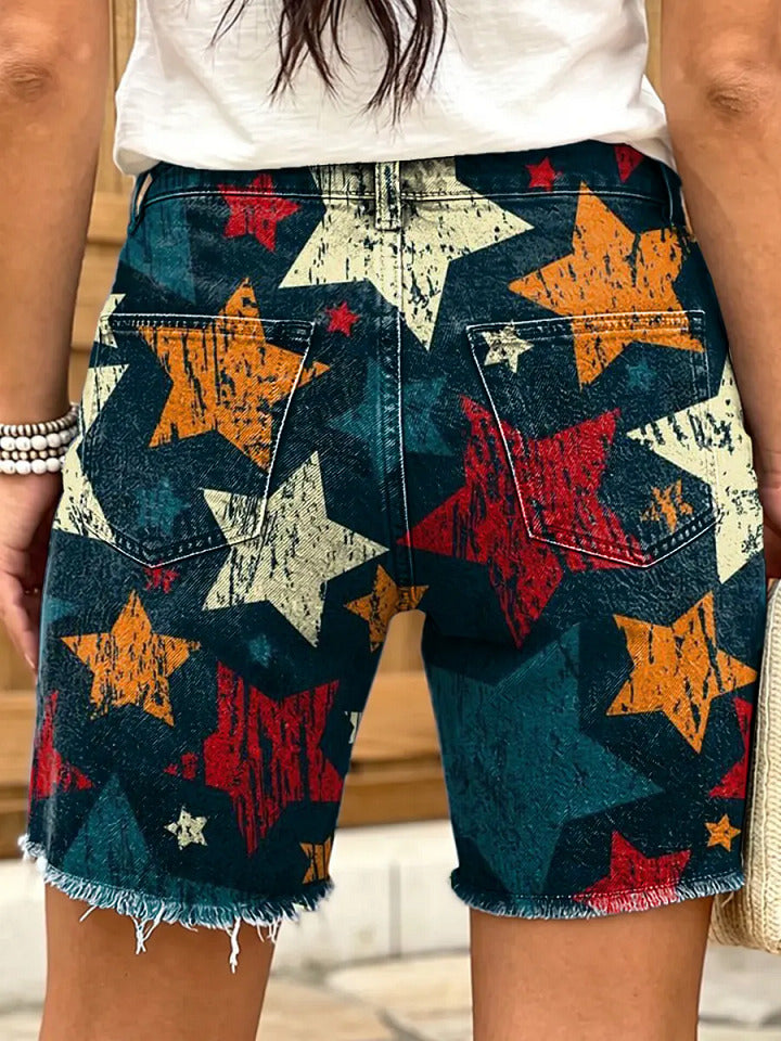Vintage distressed starry sky pattern women's art print casual denim shorts