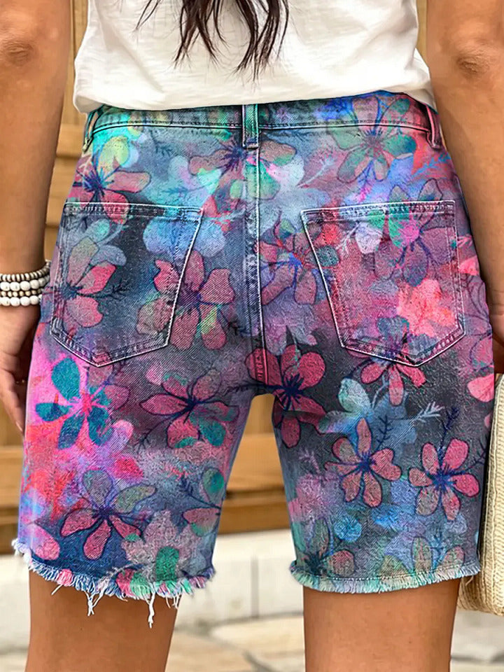 Ethnicity Gradation Abstract Flowers Women's Art Print Casual Denim Shorts