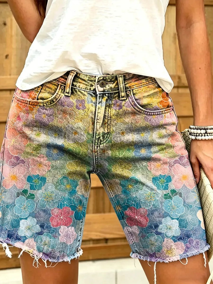 Ethnicity Colorful Flowers Women's Art Print Casual Denim Shorts