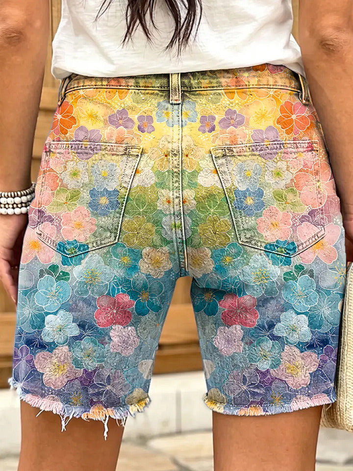 Ethnicity Colorful Flowers Women's Art Print Casual Denim Shorts